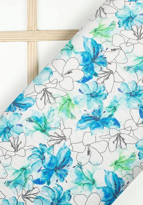 White And Blue Printed Embroidered Georgette Pre Draped Saree Set