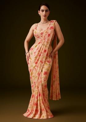 Peach Printed Embroidered Georgette Pre Draped Saree Set