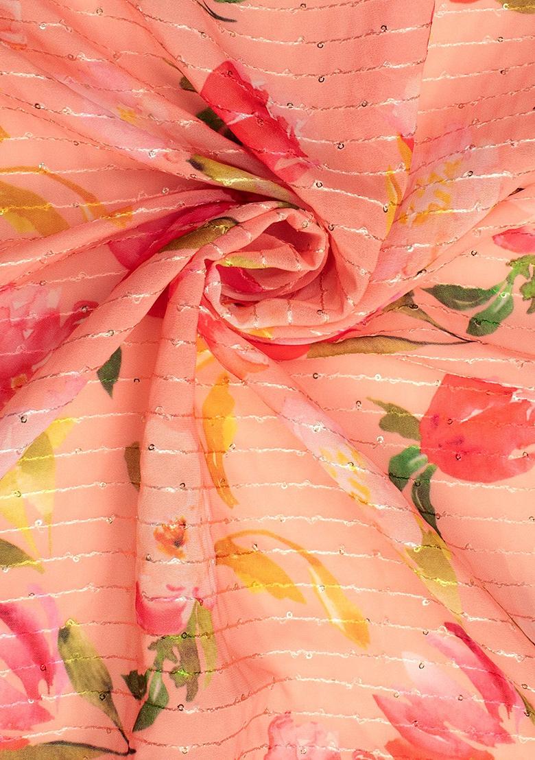 Peach Printed Embroidered Georgette Pre Draped Saree Set