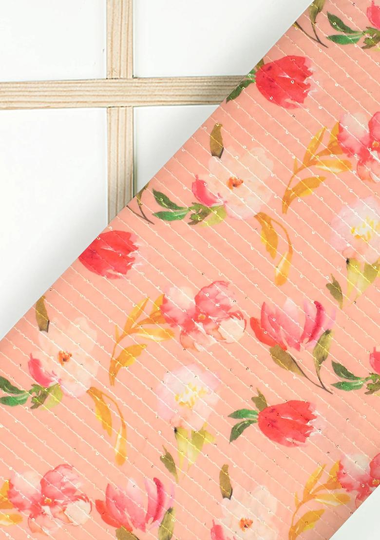 Peach Printed Embroidered Georgette Pre Draped Saree Set - Indya