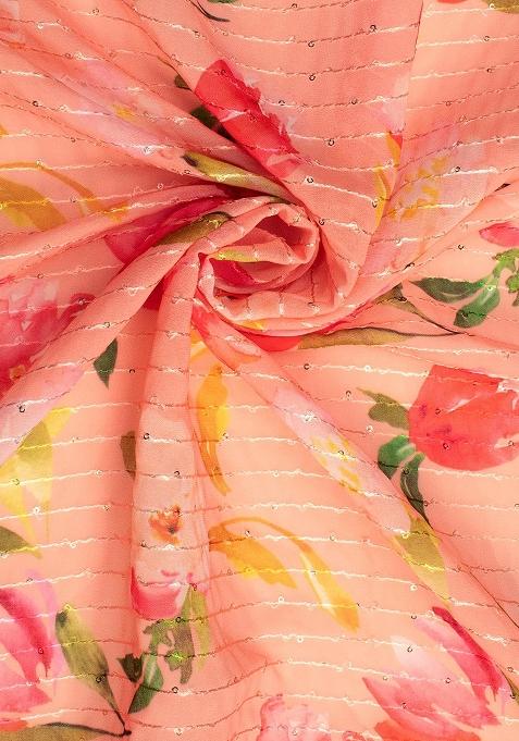 Peach Printed Embroidered Georgette Pre Draped Saree Set