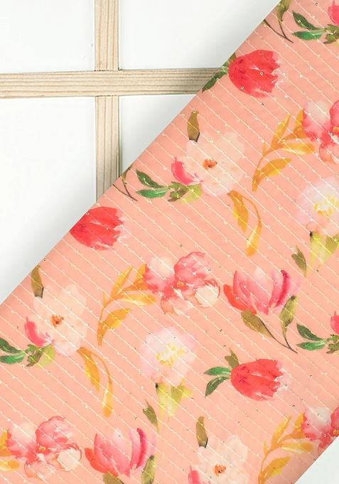 Peach Printed Embroidered Georgette Pre Draped Saree Set