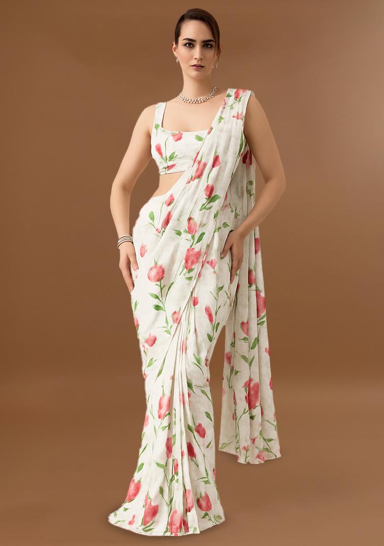 Off White Printed Embroidered Georgette Pre Draped Saree Set