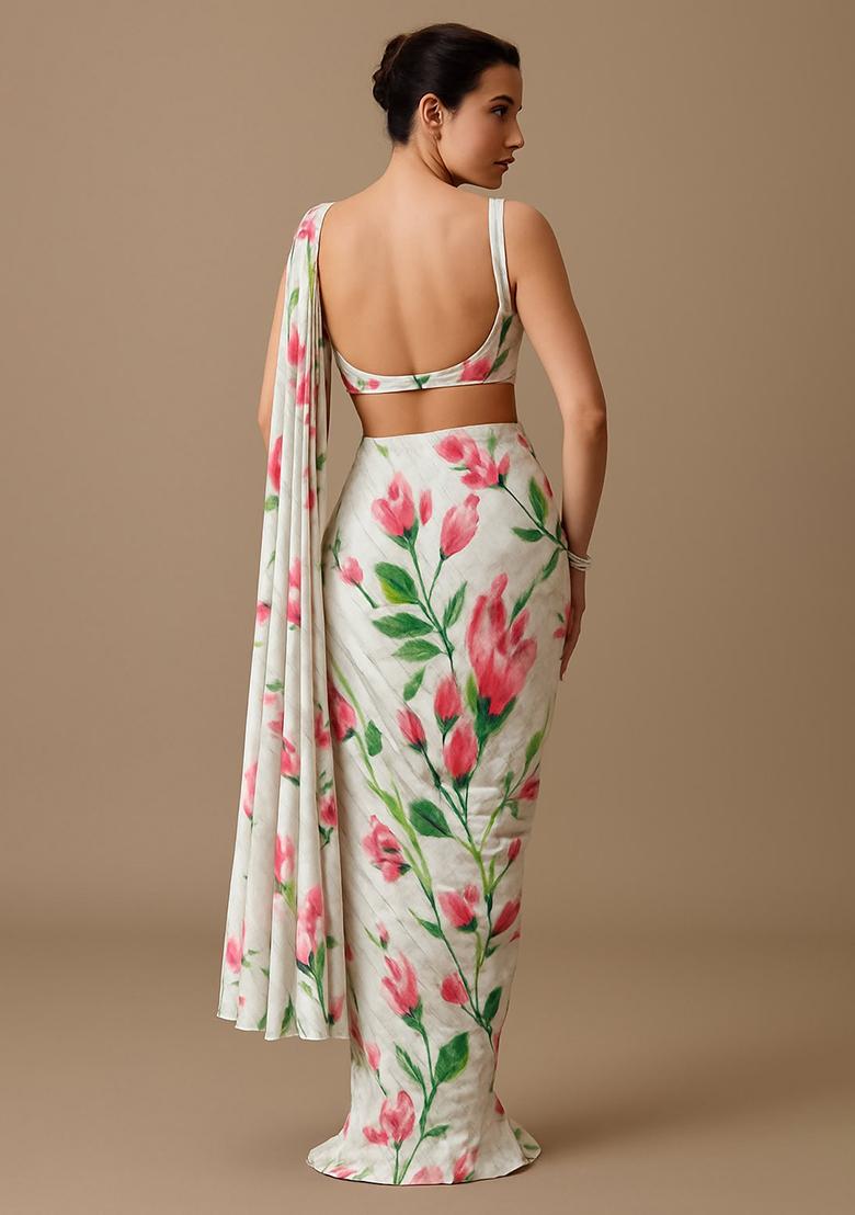 Off White Printed Embroidered Georgette Pre Draped Saree Set - Indya
