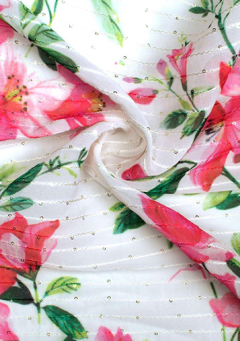 Off White Printed Embroidered Georgette Pre Draped Saree Set