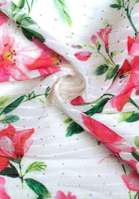 Off White Printed Embroidered Georgette Pre Draped Saree Set