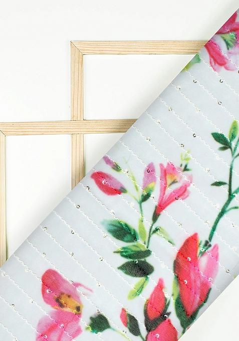 Off White Printed Embroidered Georgette Pre Draped Saree Set