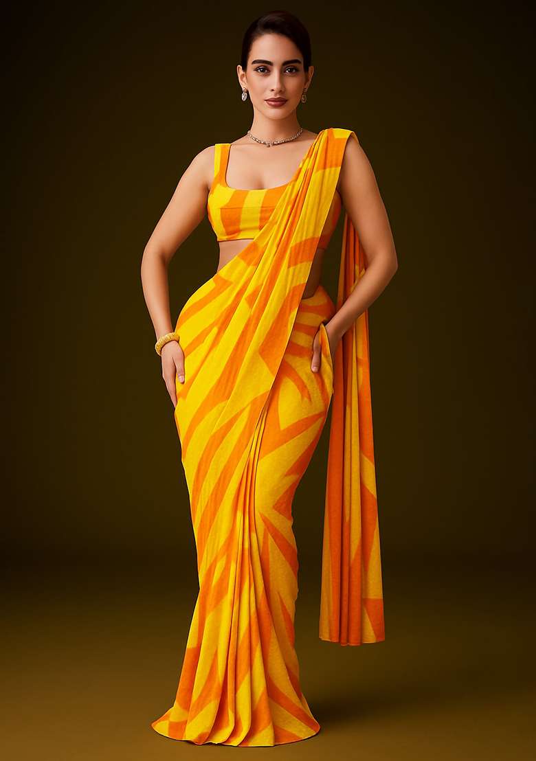 Yellow Printed Embroidered Georgette Pre Draped Saree Set - Indya