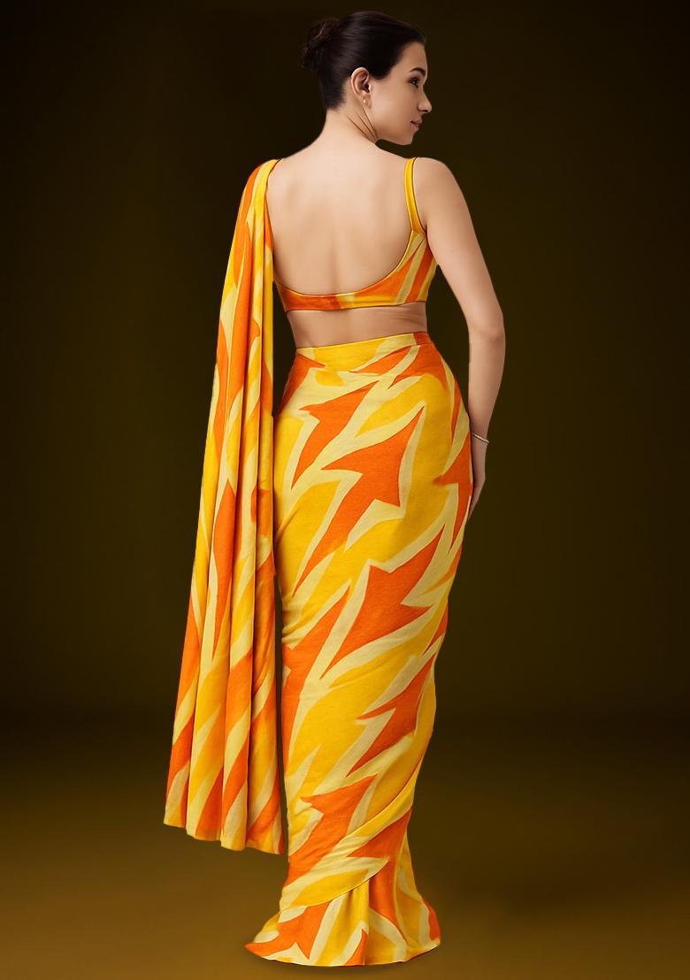 Yellow Printed Embroidered Georgette Pre Draped Saree Set - Indya