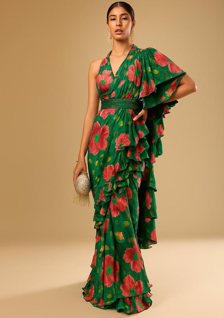 Green Printed Embroidered Georgette Pre Draped Saree Set