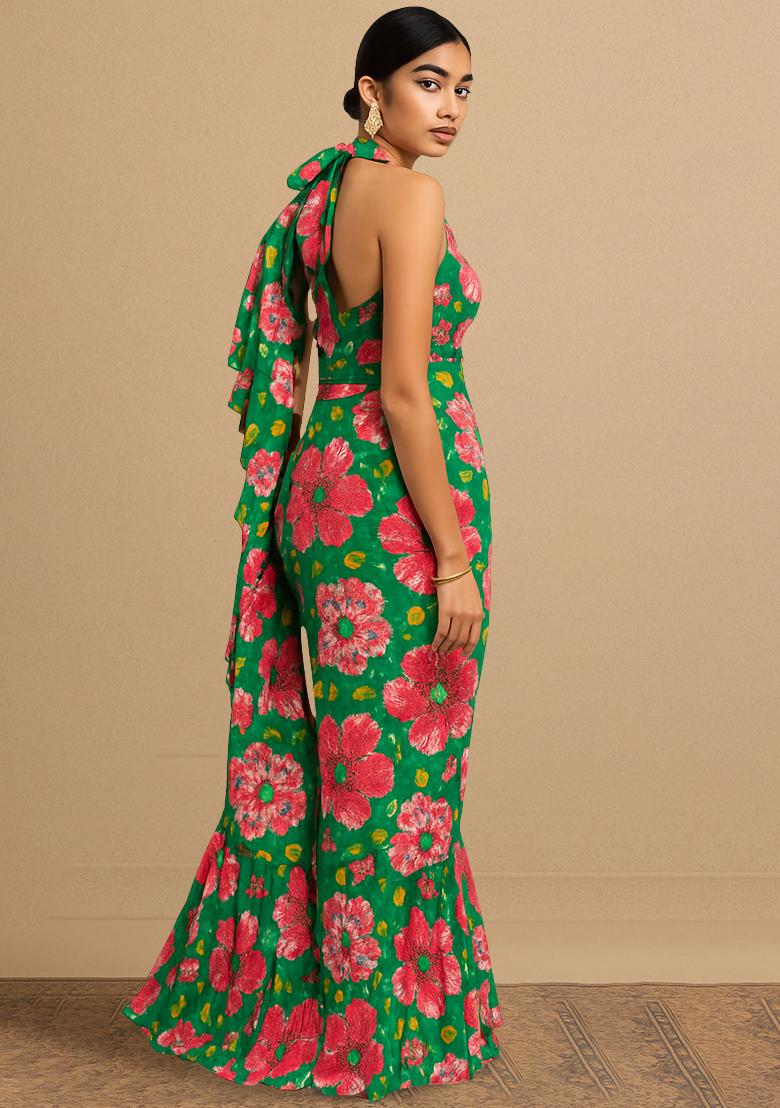 Green Printed Embroidered Georgette Pre Draped Saree Set - Indya