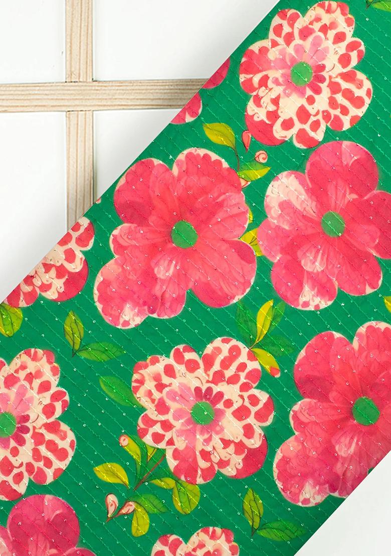 Green Printed Embroidered Georgette Pre Draped Saree Set - Indya