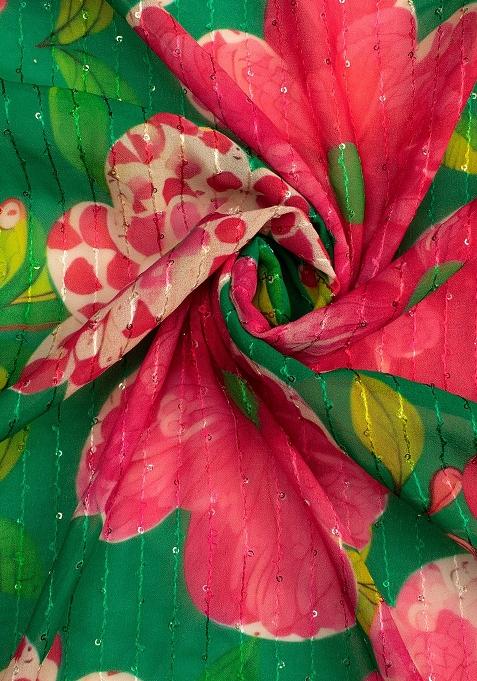 Green Printed Embroidered Georgette Pre Draped Saree Set