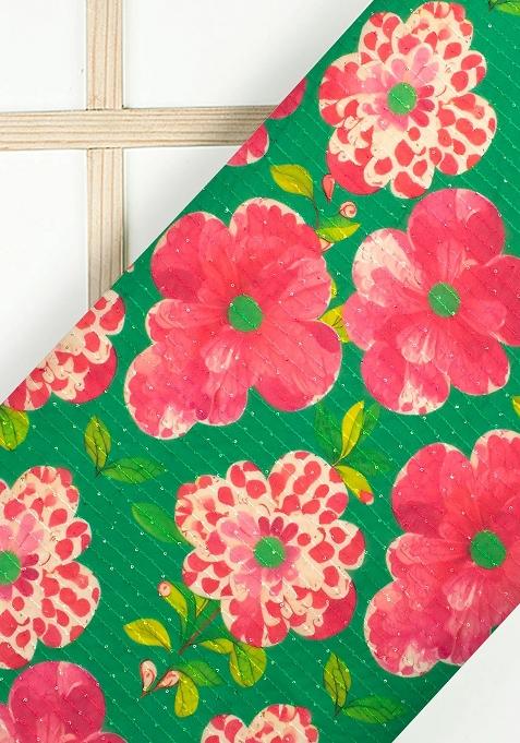 Green Printed Embroidered Georgette Pre Draped Saree Set