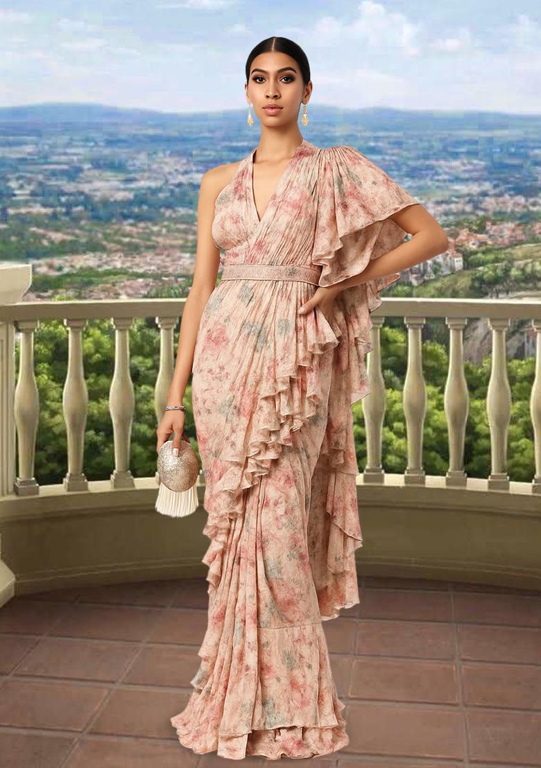 Peach Printed Embroidered Georgette Pre Draped Saree Set