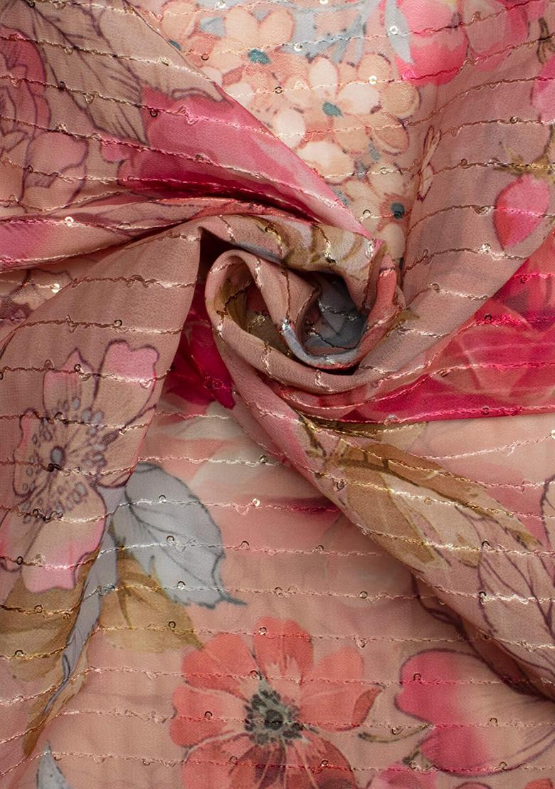 Peach Printed Embroidered Georgette Pre Draped Saree Set