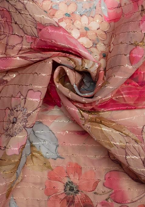 Peach Printed Embroidered Georgette Pre Draped Saree Set