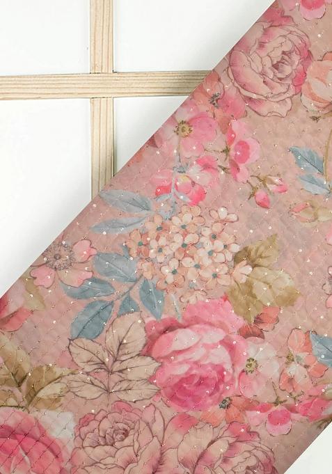 Peach Printed Embroidered Georgette Pre Draped Saree Set