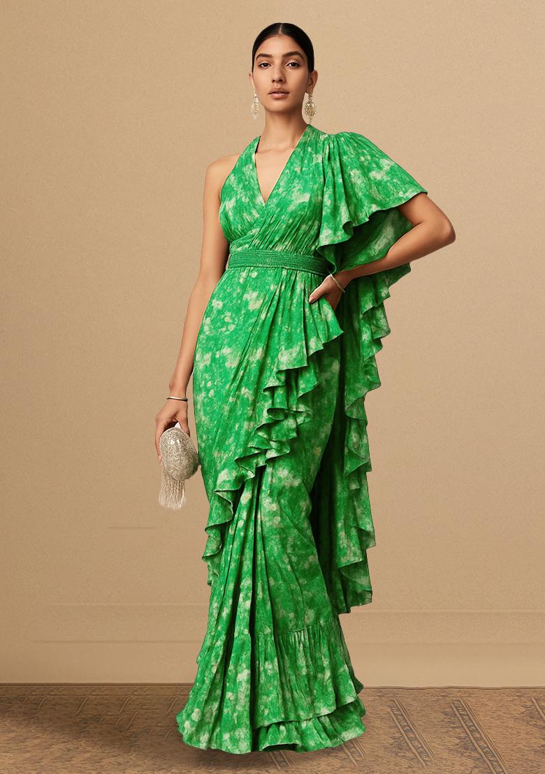Green Printed Embroidered Georgette Pre Draped Saree Set