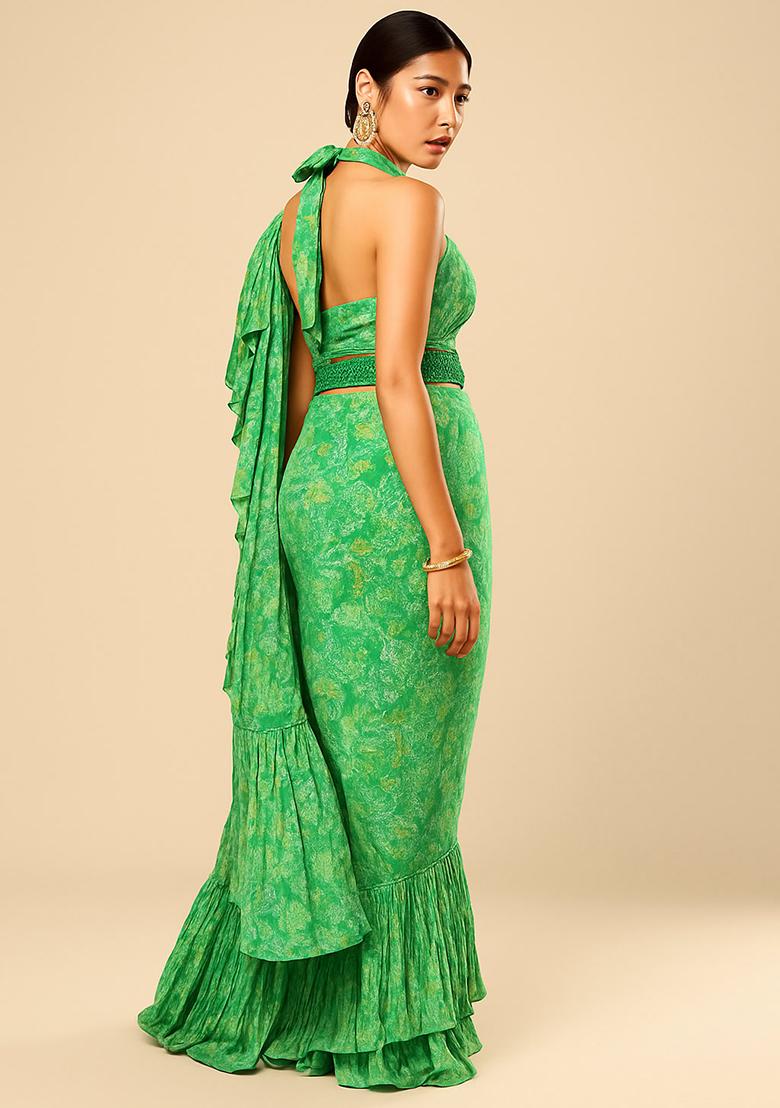 Green Printed Embroidered Georgette Pre Draped Saree Set