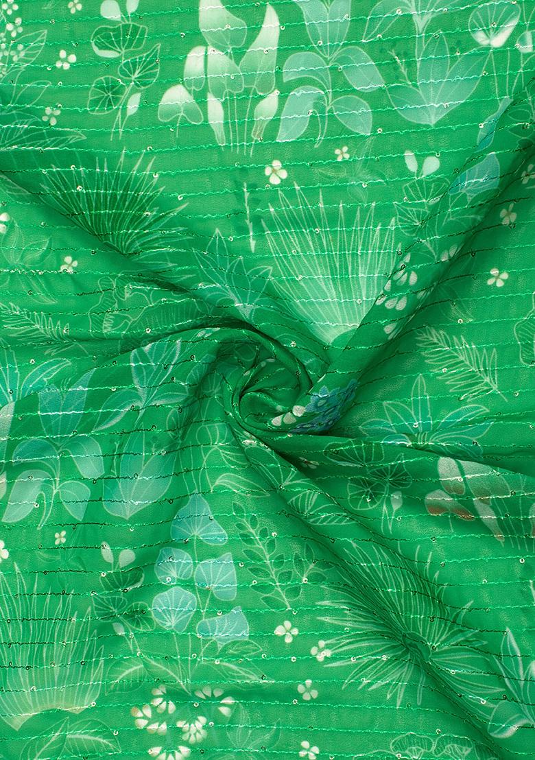 Green Printed Embroidered Georgette Pre Draped Saree Set