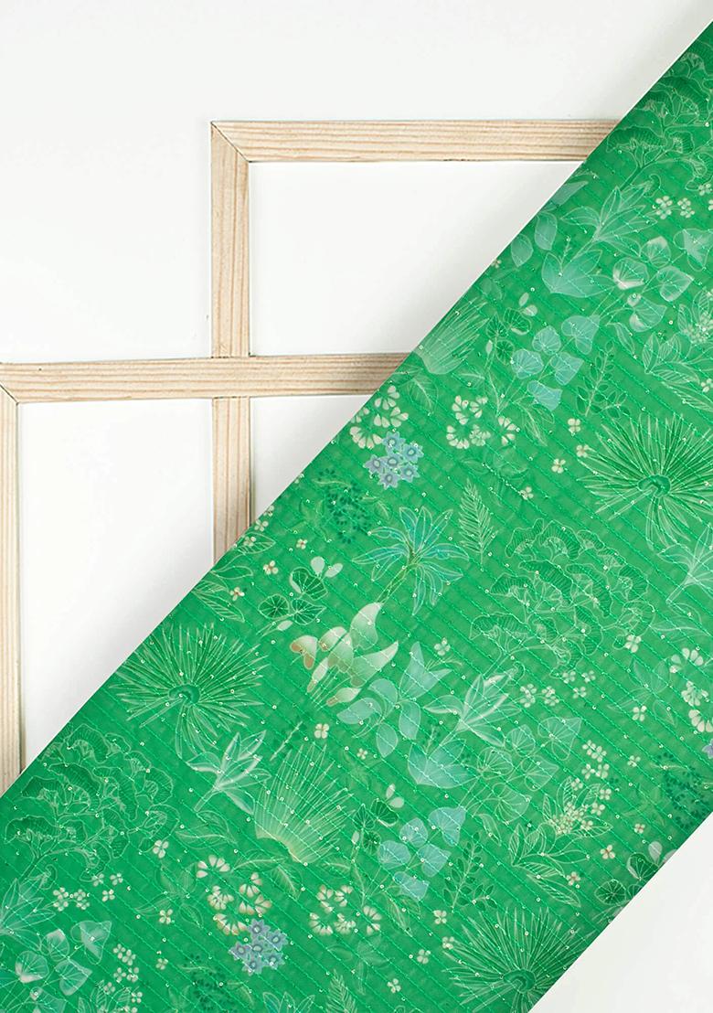 Green Printed Embroidered Georgette Pre Draped Saree Set