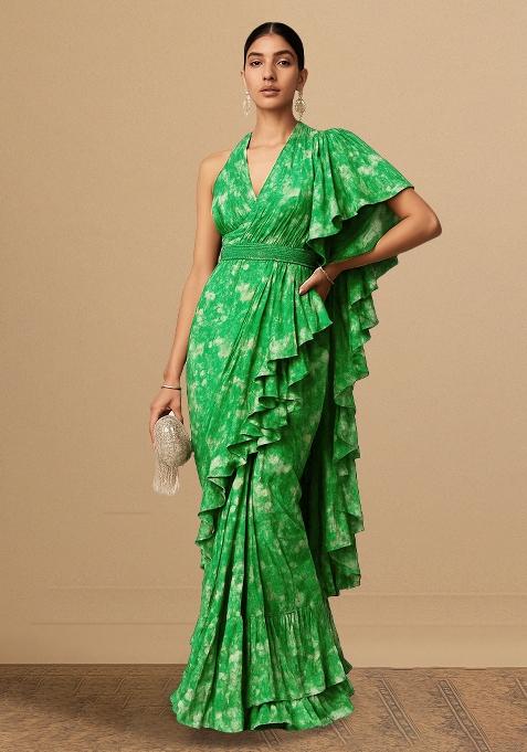 Green Printed Embroidered Georgette Pre Draped Saree Set