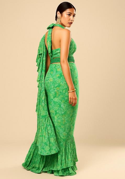 Green Printed Embroidered Georgette Pre Draped Saree Set