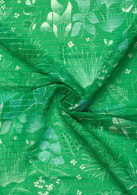 Green Printed Embroidered Georgette Pre Draped Saree Set