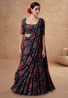 Black Printed Embroidered Georgette Pre Draped Saree Set