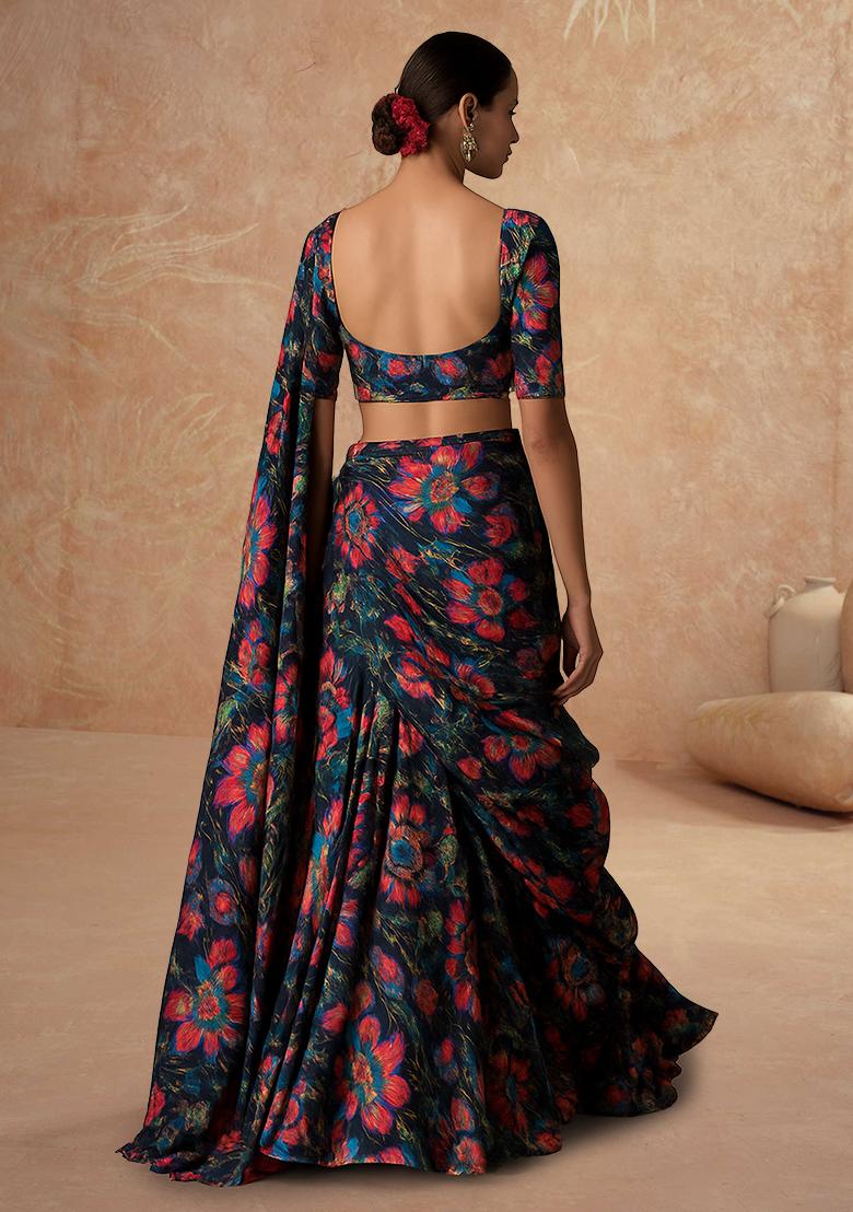 Black Printed Embroidered Georgette Pre Draped Saree Set - Indya