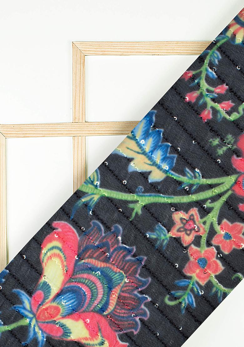 Black Printed Embroidered Georgette Pre Draped Saree Set - Indya