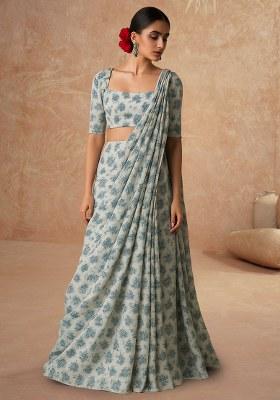 Beige Printed Embroidered Georgette Pre Draped Saree Set