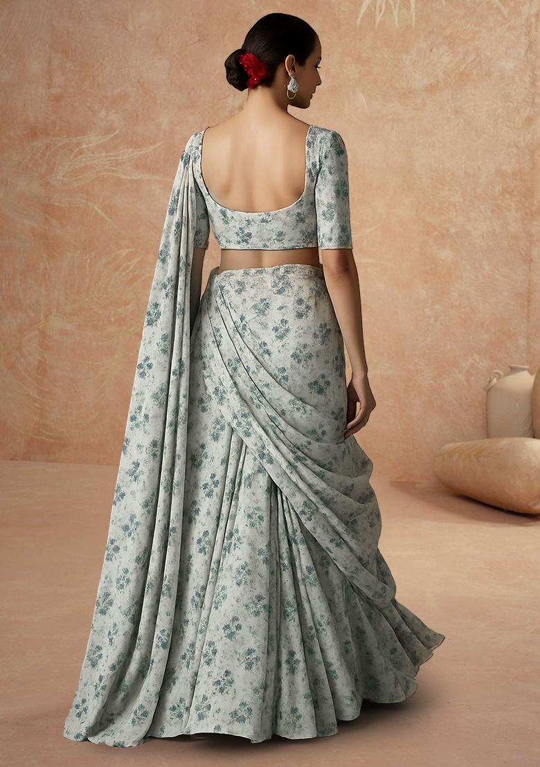 Beige Printed Embroidered Georgette Pre Draped Saree Set - Indya