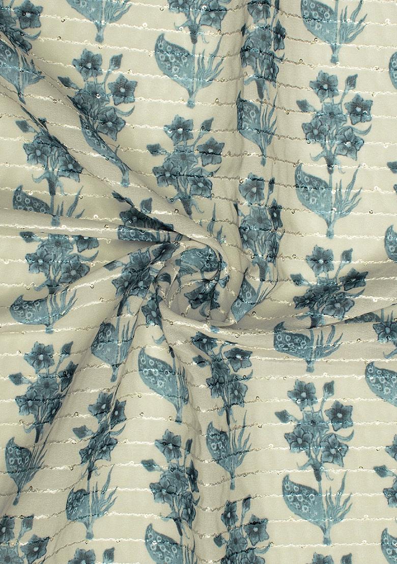 Beige Printed Embroidered Georgette Pre Draped Saree Set - Indya