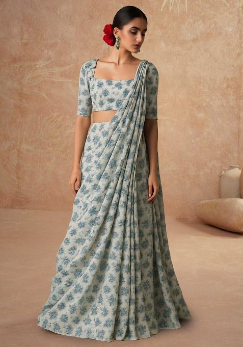 Beige Printed Embroidered Georgette Pre Draped Saree Set