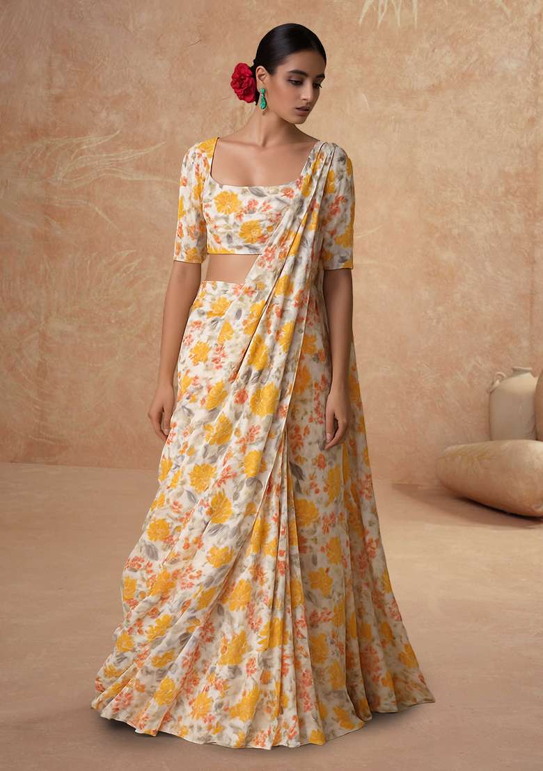 Yellow Printed Embroidered Georgette Pre Draped Saree Set - Indya
