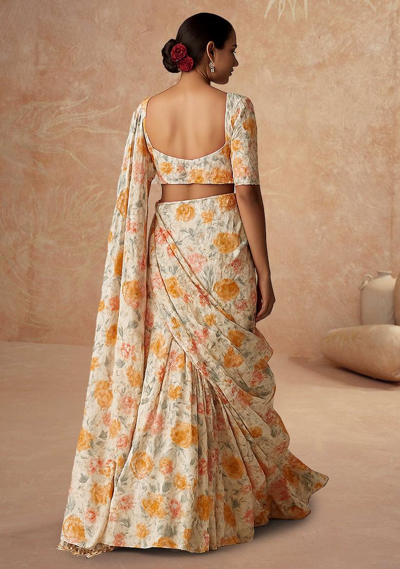 Yellow Printed Embroidered Georgette Pre Draped Saree Set - Indya