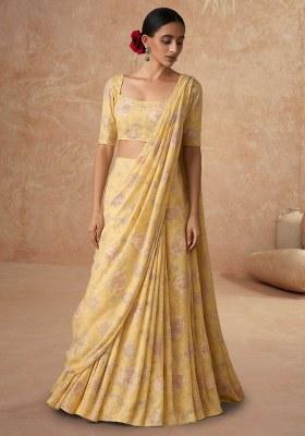 Yellow Printed Embroidered Georgette Pre Draped Saree Set