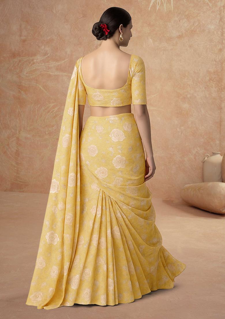 Yellow Printed Embroidered Georgette Pre Draped Saree Set