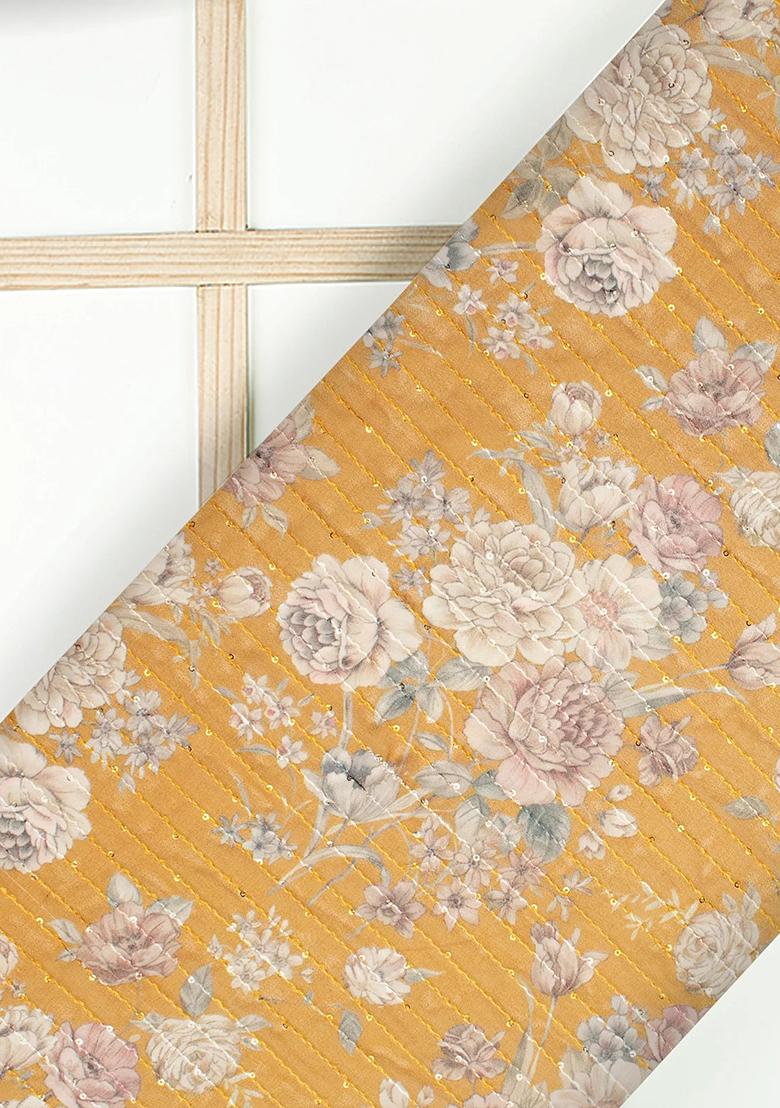 Yellow Printed Embroidered Georgette Pre Draped Saree Set