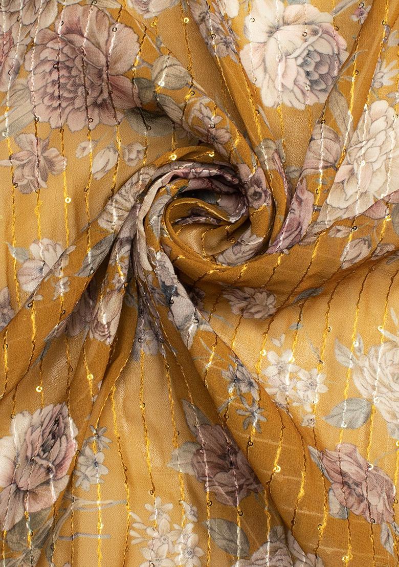 Yellow Printed Embroidered Georgette Pre Draped Saree Set