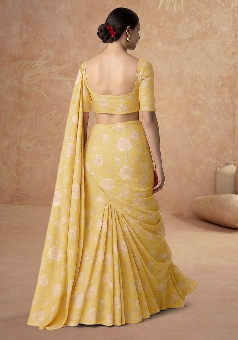 Yellow Printed Embroidered Georgette Pre Draped Saree Set