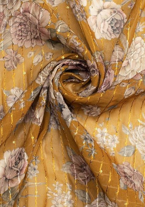 Yellow Printed Embroidered Georgette Pre Draped Saree Set