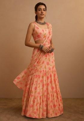 Peach Printed Embroidered Georgette Pre Draped Saree Set