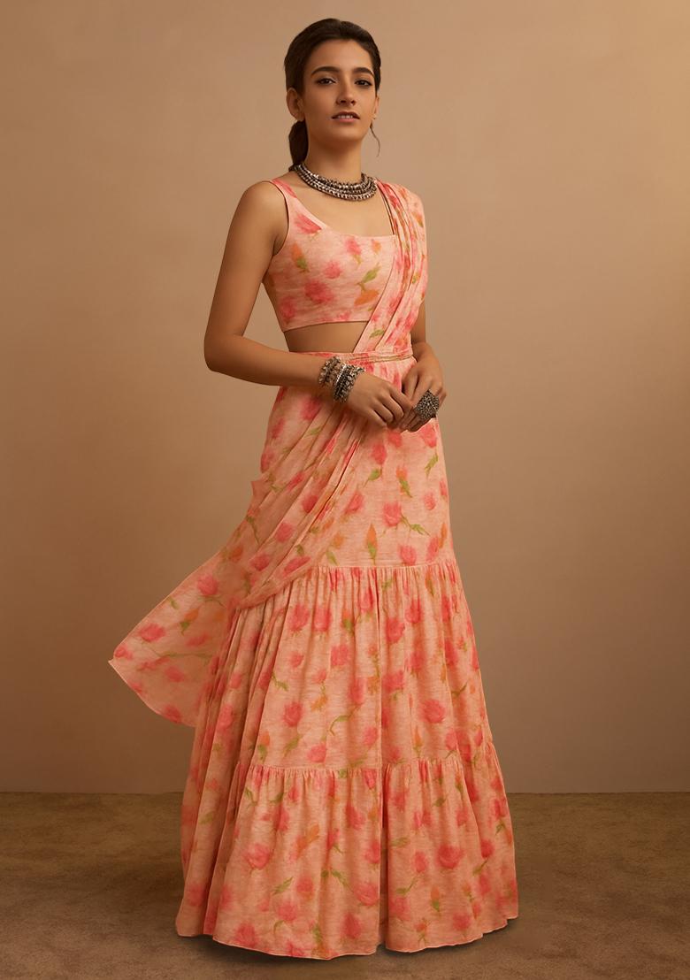 Peach Printed Embroidered Georgette Pre Draped Saree Set