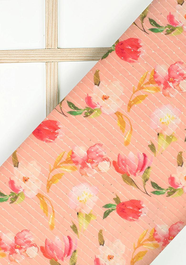 Peach Printed Embroidered Georgette Pre Draped Saree Set