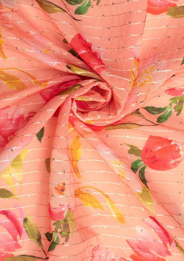 Peach Printed Embroidered Georgette Pre Draped Saree Set - Indya