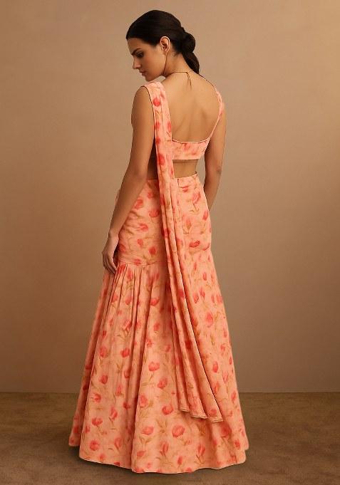 Peach Printed Embroidered Georgette Pre Draped Saree Set