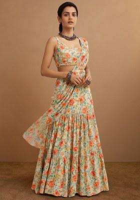 Cream Printed Embroidered Georgette Pre Draped Saree Set